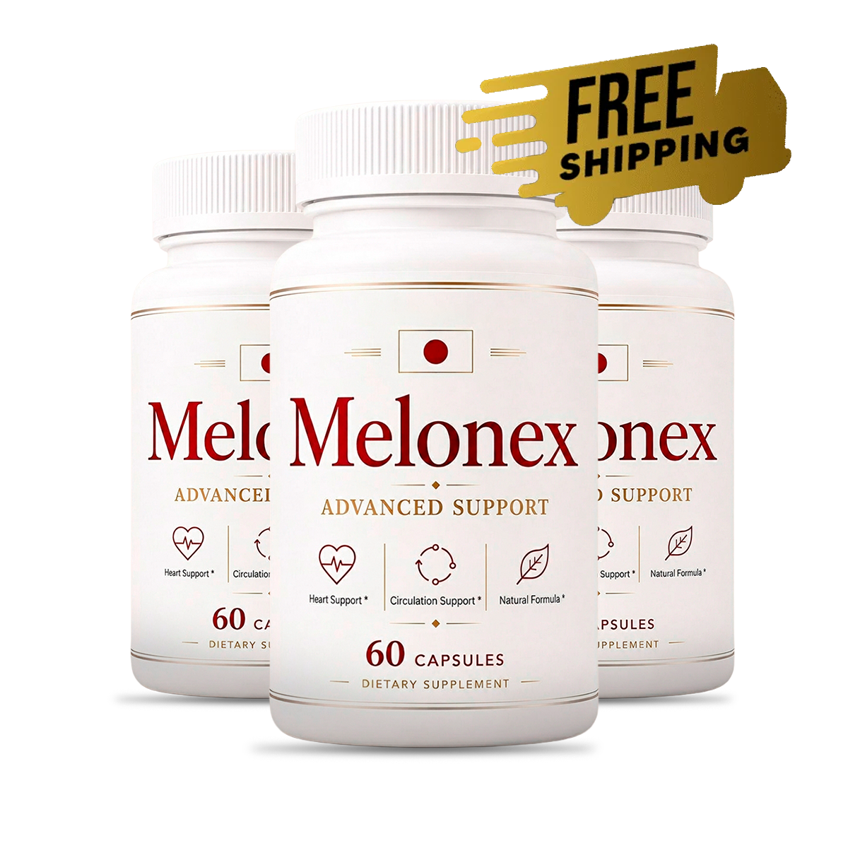 Three bottles of Melonex with promotional shipping artwork